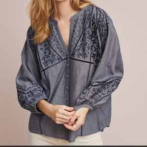 Anthropologie Blue Embroidered Blouse